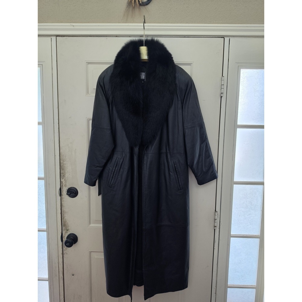 Vtg Greg Bell Womans Full Length Black Leather Coat  Real Fox Fur Shawl Collar M